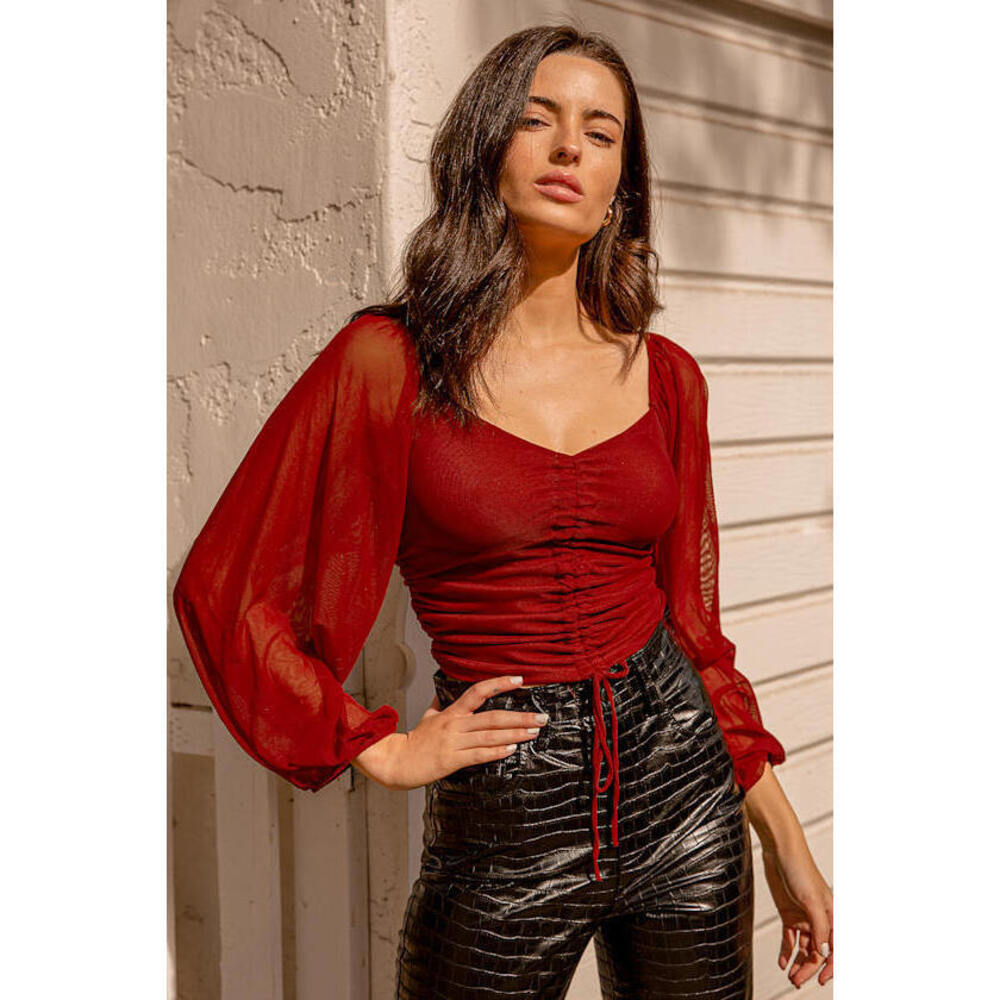 Lulus Completely Charmed Burgundy Ruched Long Sleeve Crop Top Red - Size L